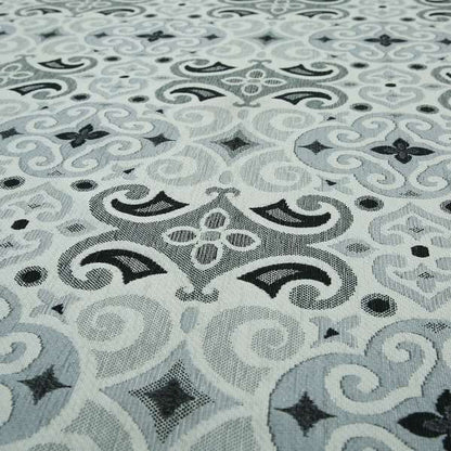 Victoria Medallion Design Fabric In White Black Grey Woven Soft Chenille Furnishing Fabric JO-133 - Made To Measure Curtains