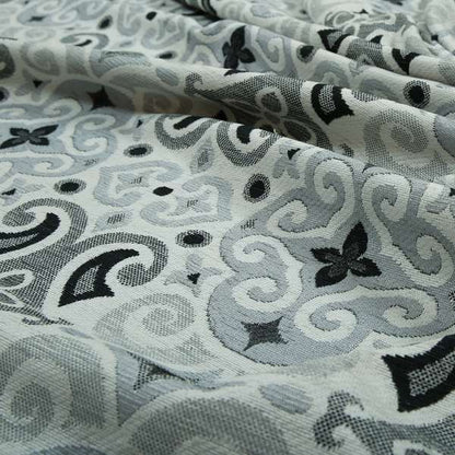 Victoria Medallion Design Fabric In White Black Grey Woven Soft Chenille Furnishing Fabric JO-133 - Made To Measure Curtains