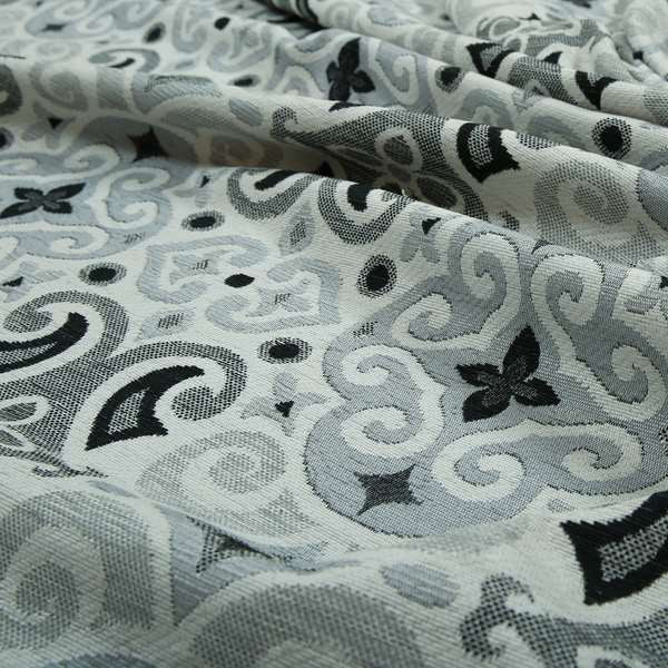 Victoria Medallion Design Fabric In White Black Grey Woven Soft Chenille Furnishing Fabric JO-133