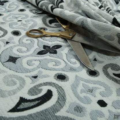 Victoria Medallion Design Fabric In White Black Grey Woven Soft Chenille Furnishing Fabric JO-133 - Roman Blinds