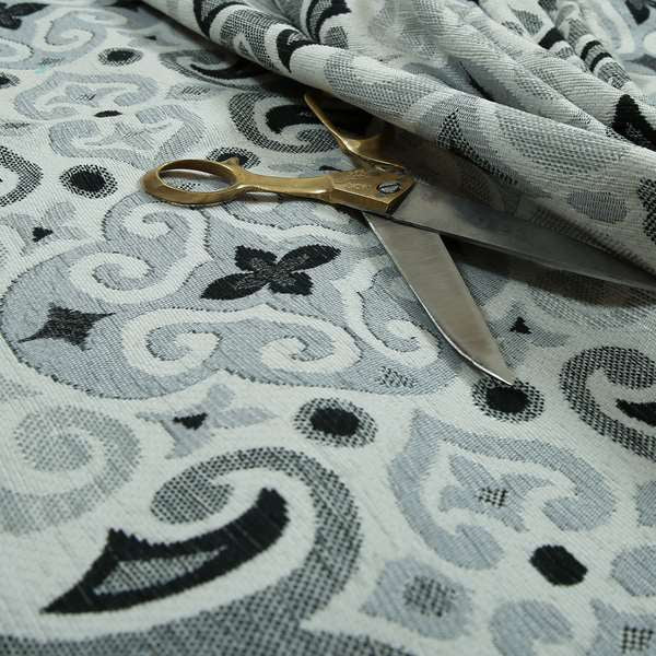 Victoria Medallion Design Fabric In White Black Grey Woven Soft Chenille Furnishing Fabric JO-133 - Made To Measure Curtains