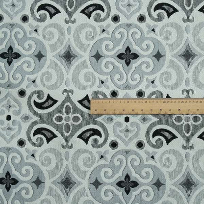 Victoria Medallion Design Fabric In White Black Grey Woven Soft Chenille Furnishing Fabric JO-133 - Made To Measure Curtains