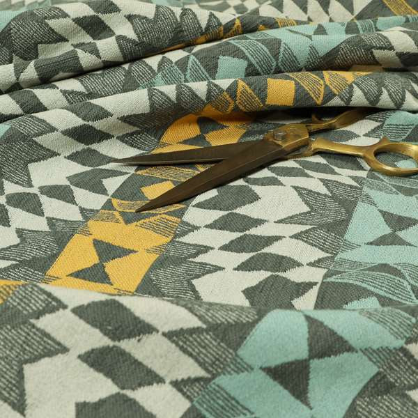 Kilim Aztec All Over Pattern Grey Blue Yellow Colour Soft Chenille Upholstery Fabric JO-1331 - Made To Measure Curtains