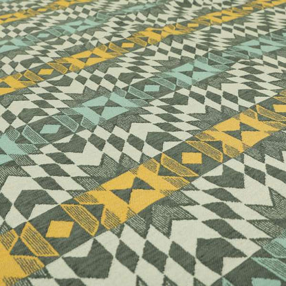 Kilim Aztec All Over Pattern Grey Blue Yellow Colour Soft Chenille Upholstery Fabric JO-1331 - Made To Measure Curtains