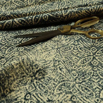 Four Leaf Pattern Beige With Navy Blue Colour Heavy Quality Velvet Upholstery Fabric JO-1332 - Roman Blinds