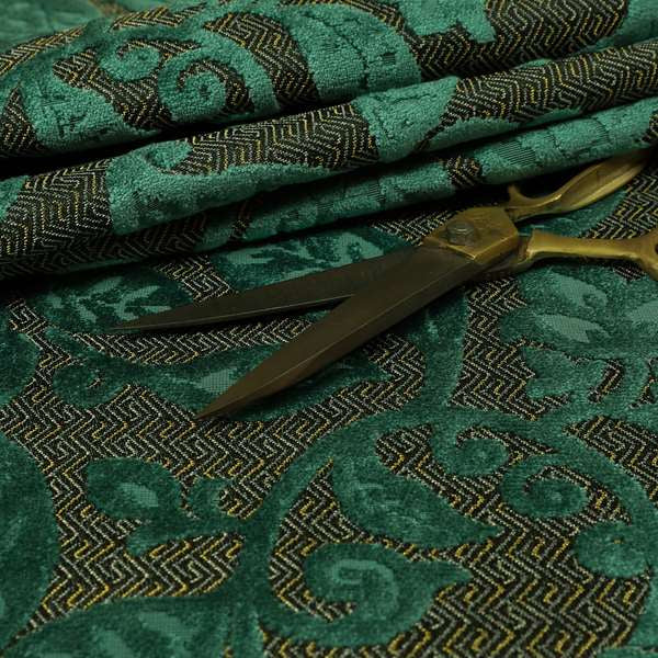 Floral Pattern Teal Colour Heavy Quality Velvet Upholstery Fabric JO-1335 - Roman Blinds