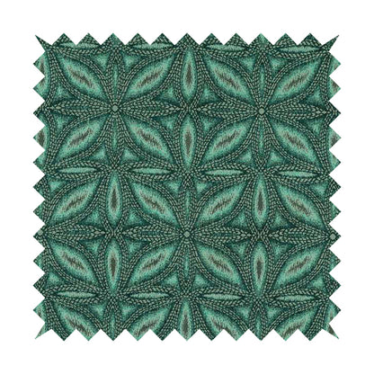 Floral Medallion Pattern Teal Blue Colour Flat Chenille Upholstery Fabric JO-1336 - Made To Measure Curtains