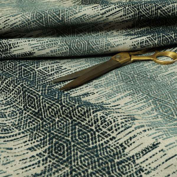 Tribal Ikat Inspired Striped Pattern In Soft Chenille Material White Blue Colour Upholstery Fabric JO-1337 - Roman Blinds