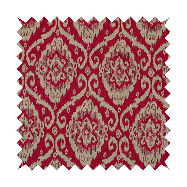 Red Beige Coloured Chenille Damask Ornate Pattern Furnishings Upholstery Fabric JO-1338