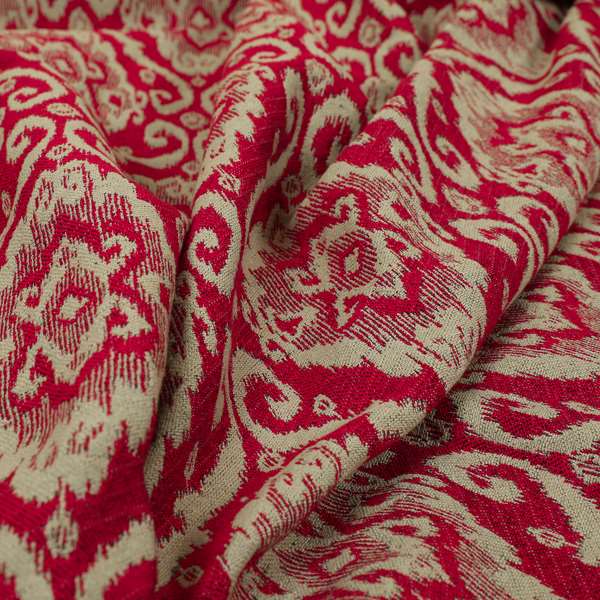 Red Beige Coloured Chenille Damask Ornate Pattern Furnishings Upholstery Fabric JO-1338 - Made To Measure Curtains