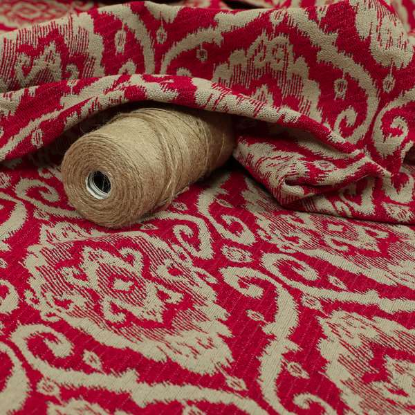 Red Beige Coloured Chenille Damask Ornate Pattern Furnishings Upholstery Fabric JO-1338