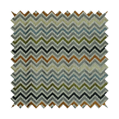 Chevron Pattern Cut Velvet Material Multi Coloured Green Grey Blue Colours Upholstery Fabric JO-1339