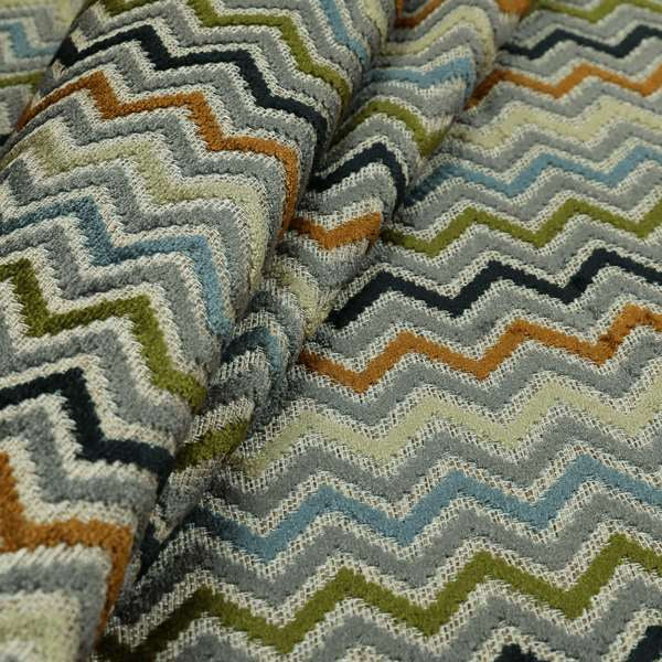 Chevron Pattern Cut Velvet Material Multi Coloured Green Grey Blue Colours Upholstery Fabric JO-1339