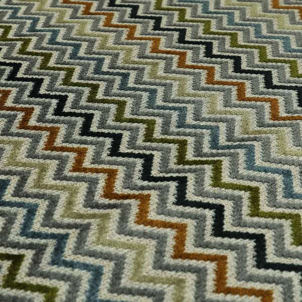 Chevron Pattern Cut Velvet Material Multi Coloured Green Grey Blue Colours Upholstery Fabric JO-1339