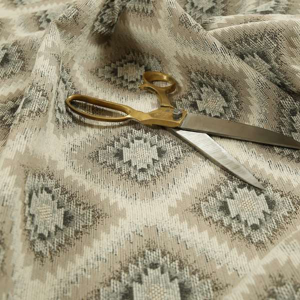 Tribal Aztex Design Fabric In Grey Beige Woven Soft Chenille Furnishing Fabric JO-134 - Made To Measure Curtains