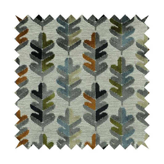 Leaf Pattern Cut Velvet Material Multi Coloured Green Grey Blue Colours Upholstery Fabric JO-1340