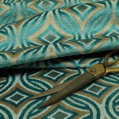 Circular Modern Pattern Cut Velvet Material Brown Teal Colour Upholstery Fabric JO-1345 - Roman Blinds