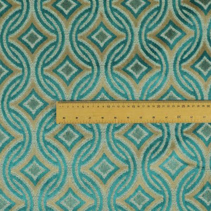 Circular Modern Pattern Cut Velvet Material Brown Teal Colour Upholstery Fabric JO-1345 - Roman Blinds