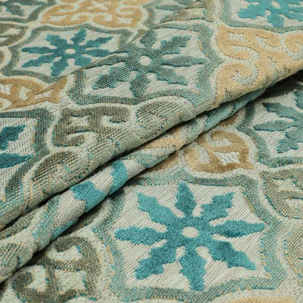 French Rebirth Pattern Cut Velvet Blue Brown Colour Upholstery Fabric JO-1346 - Roman Blinds