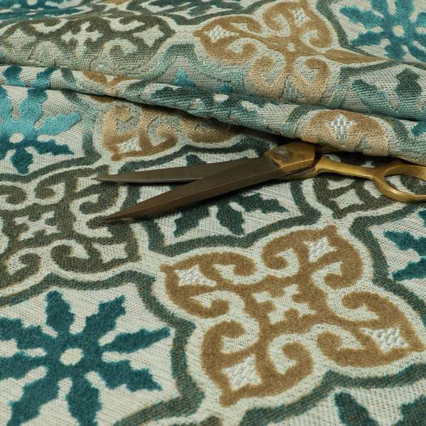 French Rebirth Pattern Cut Velvet Blue Brown Colour Upholstery Fabric JO-1346 - Roman Blinds