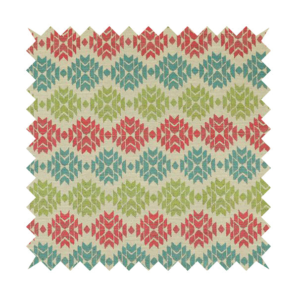 Traditional Geometric Pattern In Green Pink Blue Colour Soft Upholstery Fabric JO-1349 - Roman Blinds