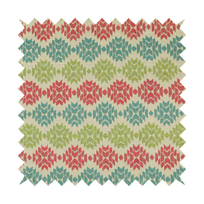 Traditional Geometric Pattern In Green Pink Blue Colour Soft Upholstery Fabric JO-1349 - Roman Blinds