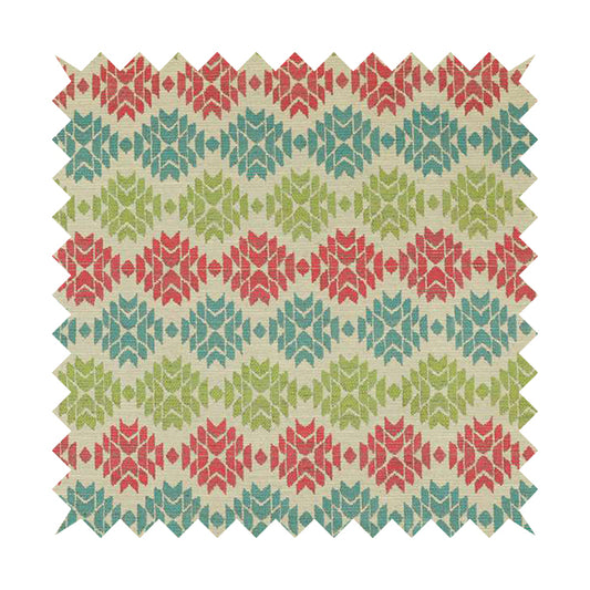 Traditional Geometric Pattern In Green Pink Blue Colour Soft Upholstery Fabric JO-1349