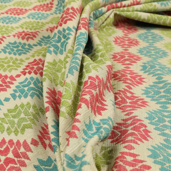 Traditional Geometric Pattern In Green Pink Blue Colour Soft Upholstery Fabric JO-1349 - Roman Blinds