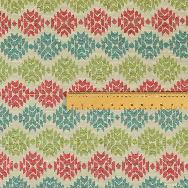 Traditional Geometric Pattern In Green Pink Blue Colour Soft Upholstery Fabric JO-1349