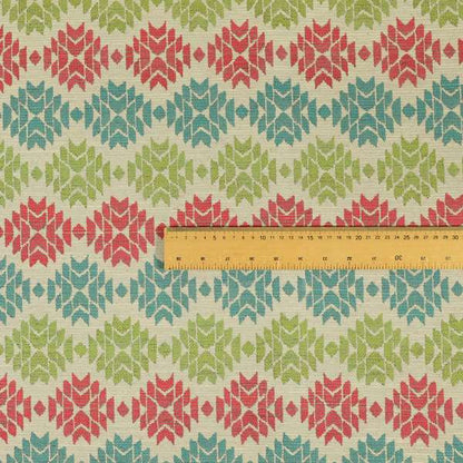 Traditional Geometric Pattern In Green Pink Blue Colour Soft Upholstery Fabric JO-1349