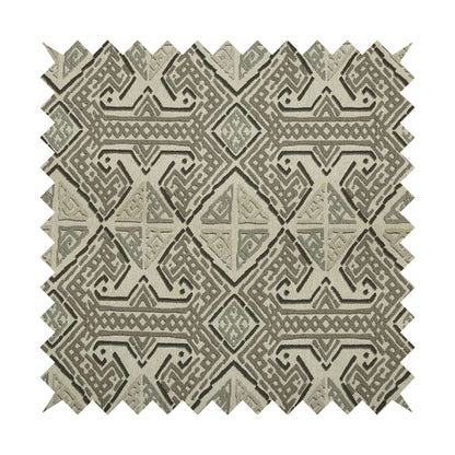 Kilim Aztec Design Fabric In Grey Beige Woven Soft Chenille Furnishing Fabric JO-135 - Made To Measure Curtains