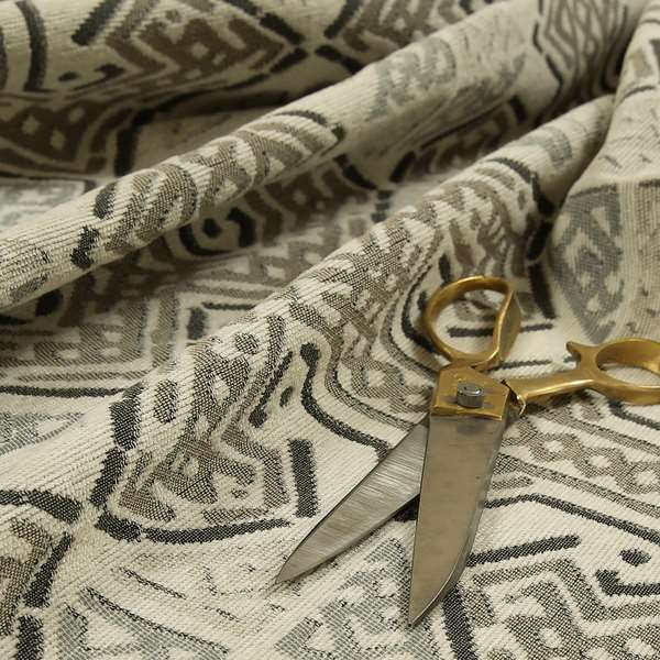 Kilim Aztec Design Fabric In Grey Beige Woven Soft Chenille Furnishing Fabric JO-135 - Made To Measure Curtains