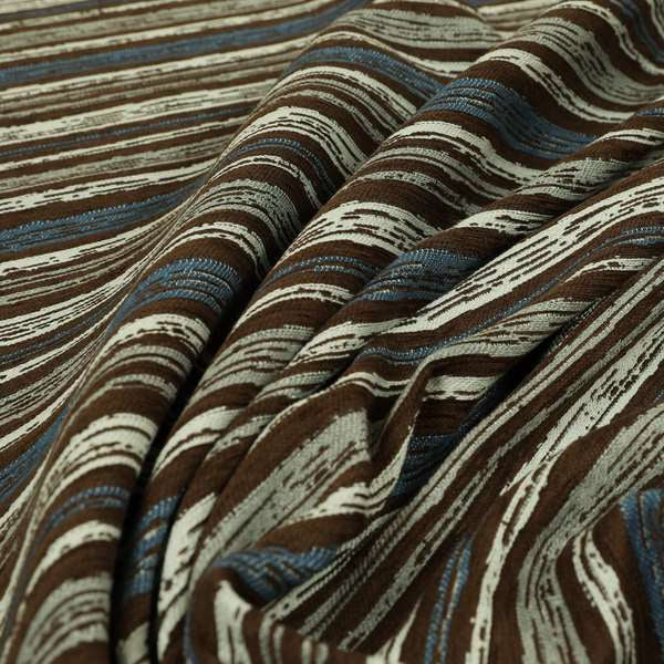 Striped Pattern In Brown Blue Grey Colours Chenille Material Upholstery Fabric JO-1350