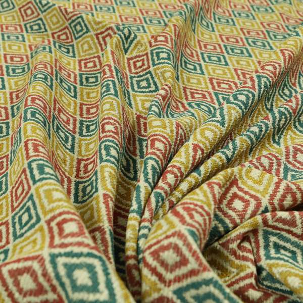 Diamond Geometric Pattern In Blue Pink Yellow Colour Soft Upholstery Fabric JO-1351