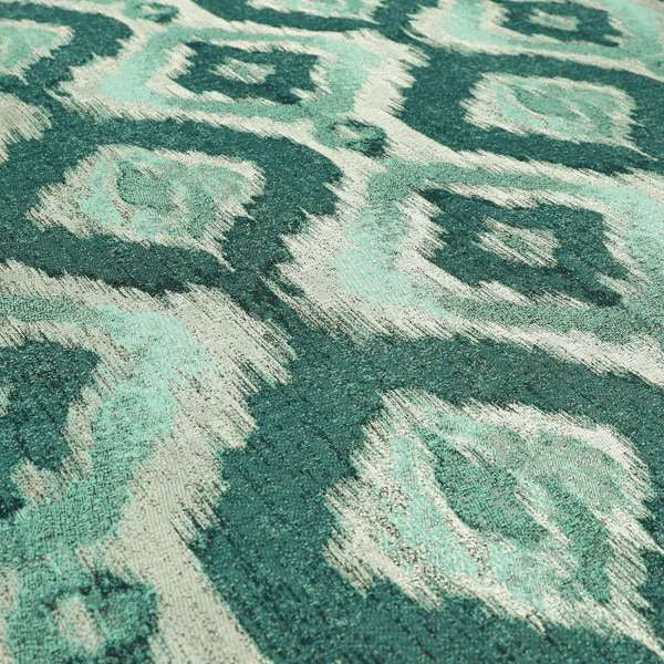 Large Design Kilim Inspired Pattern In Blue Teal Colour With Silver Shine Upholstery Fabric JO-1352