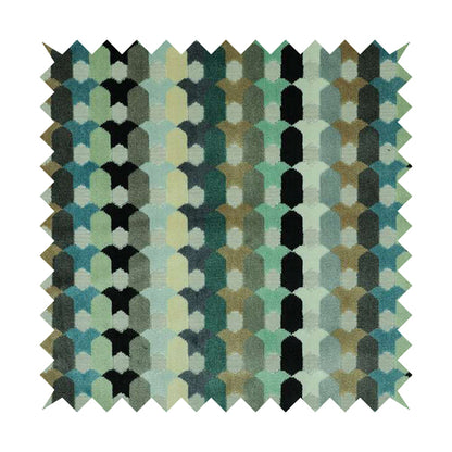 Modern Geometric Pattern In Blue Teal Brown Colours Soft Velvet Upholstery Fabric JO-1358