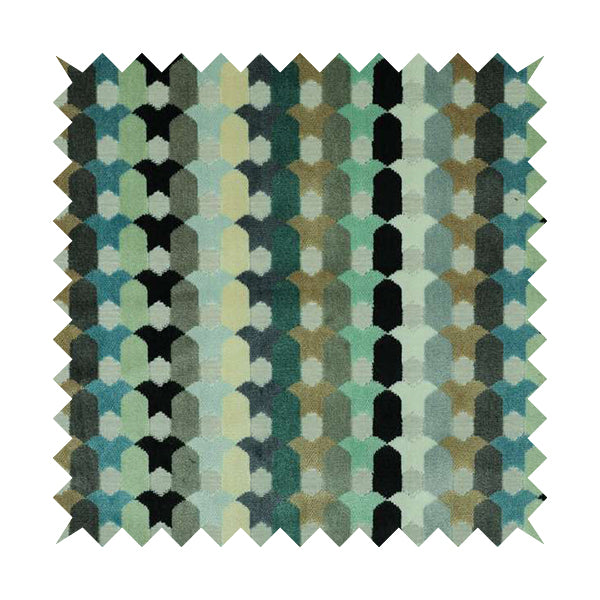 Modern Geometric Pattern In Blue Teal Brown Colours Soft Velvet Upholstery Fabric JO-1358 - Made To Measure Curtains