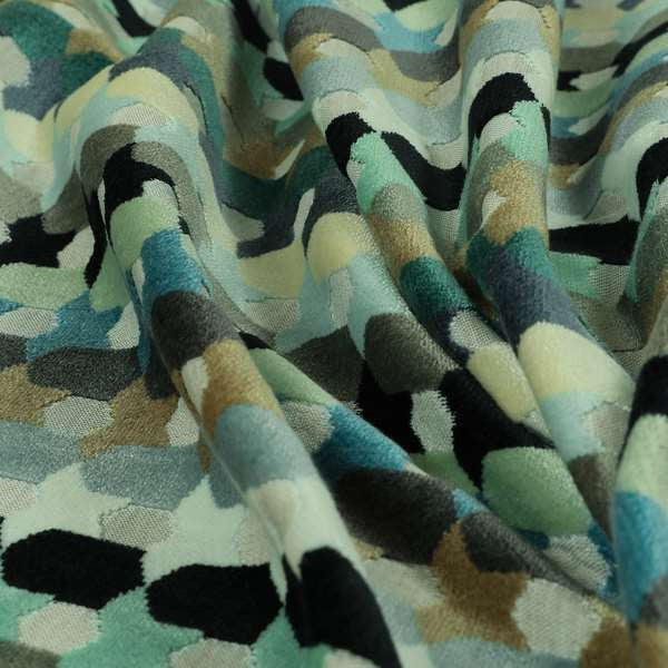 Modern Geometric Pattern In Blue Teal Brown Colours Soft Velvet Upholstery Fabric JO-1358 - Made To Measure Curtains