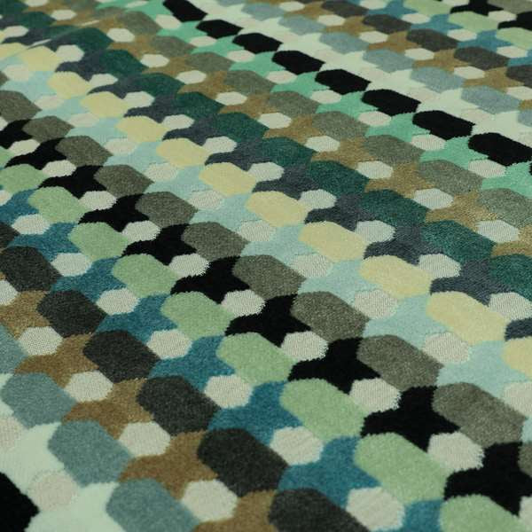 Modern Geometric Pattern In Blue Teal Brown Colours Soft Velvet Upholstery Fabric JO-1358 - Made To Measure Curtains