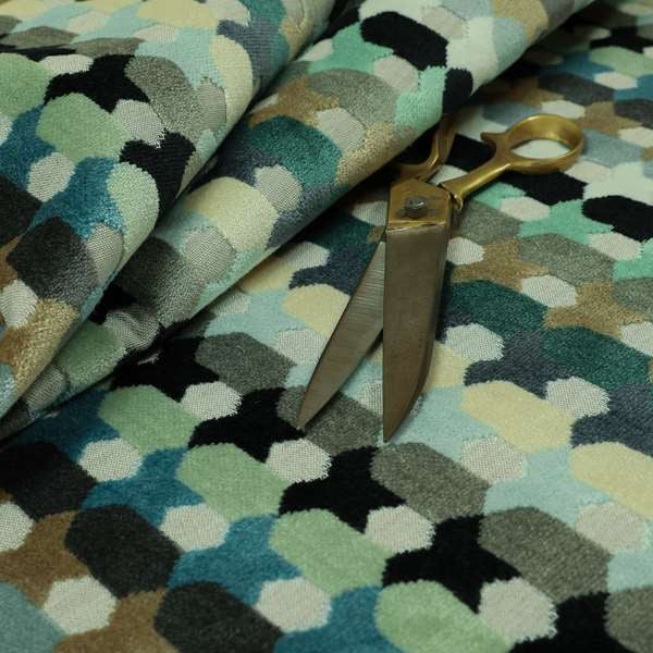 Modern Geometric Pattern In Blue Teal Brown Colours Soft Velvet Upholstery Fabric JO-1358 - Made To Measure Curtains