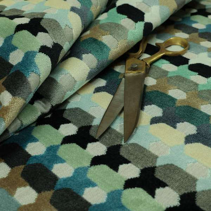 Modern Geometric Pattern In Blue Teal Brown Colours Soft Velvet Upholstery Fabric JO-1358 - Handmade Cushions