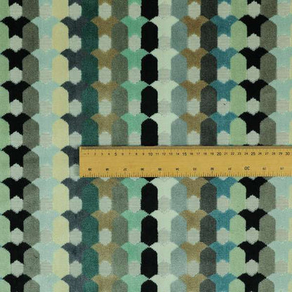 Modern Geometric Pattern In Blue Teal Brown Colours Soft Velvet Upholstery Fabric JO-1358 - Roman Blinds