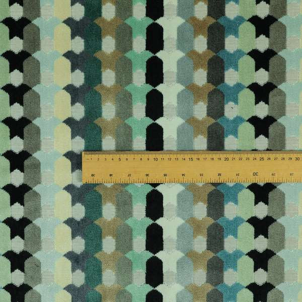 Modern Geometric Pattern In Blue Teal Brown Colours Soft Velvet Upholstery Fabric JO-1358 - Made To Measure Curtains