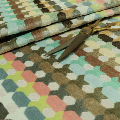 Modern Geometric Pattern In Pastel Coloured Pink Brown Colours Soft Velvet Upholstery Fabric JO-1359 - Roman Blinds