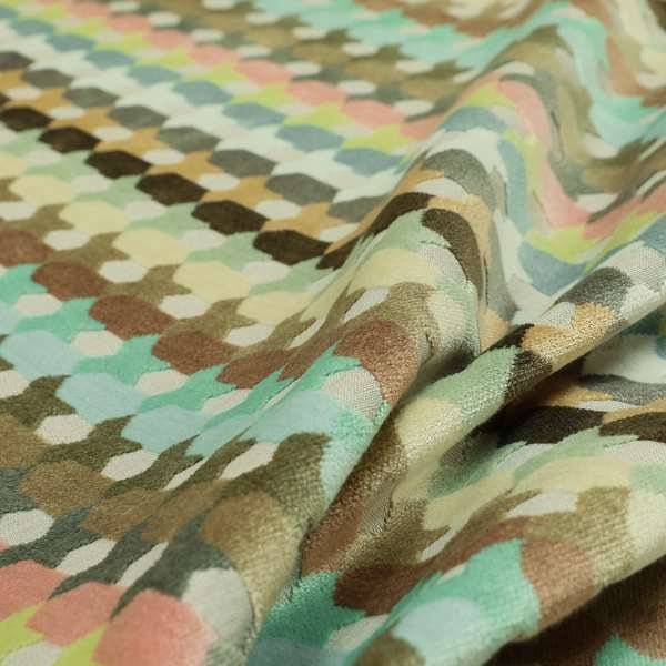 Modern Geometric Pattern In Pastel Coloured Pink Brown Colours Soft Velvet Upholstery Fabric JO-1359 - Roman Blinds