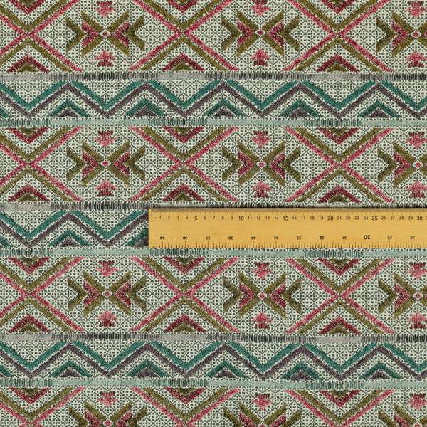 Vertical Striped Aztec Theme Pattern In Purple Teal Yellow Coloured Upholstery Material Fabric JO-1362