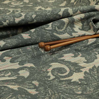 Fleur De Lis Inspired Pattern In Grey Coloured Chenille Upholstery Furnishing Fabric JO-1364 - Roman Blinds