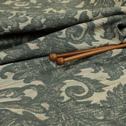 Fleur De Lis Inspired Pattern In Grey Coloured Chenille Upholstery Furnishing Fabric JO-1364