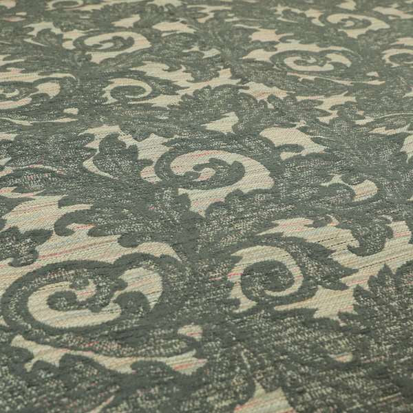 Fleur De Lis Inspired Pattern In Grey Coloured Chenille Upholstery Furnishing Fabric JO-1364 - Roman Blinds