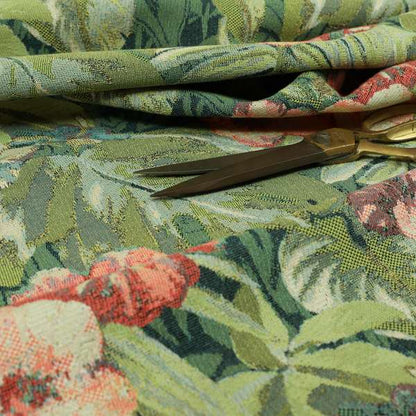 Garden Full Of Red Pink Flowers Green Leafs Theme Pattern Chenille Material Upholstery Fabric JO-1370 - Roman Blinds